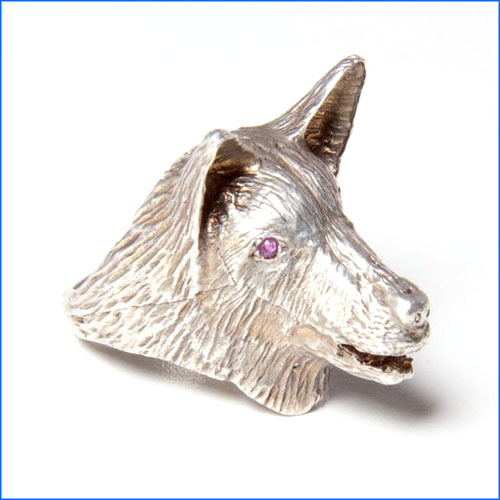 silver dog head ring with rubies by species by the thousands