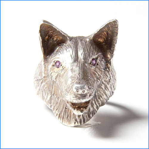 silver dog head ring with rubies by species by the thousands