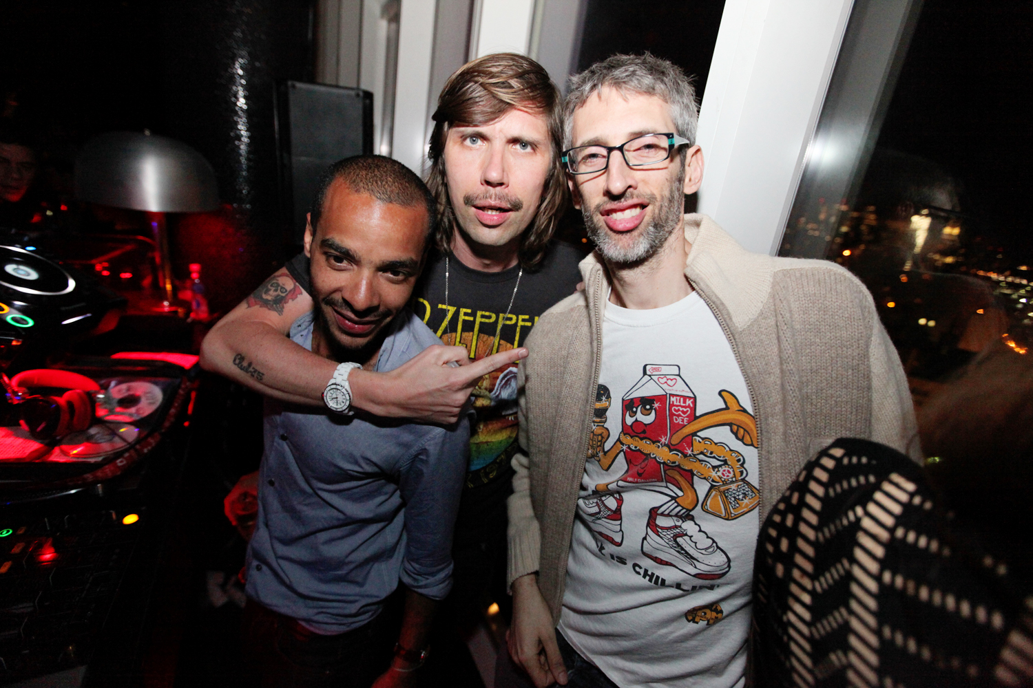 DJ Mehdi (Mehdi Faveris-Essadi), Busy P (Pedro Winter) and Stretch Armstrong in the DJ Booth at Le Bain in NYC